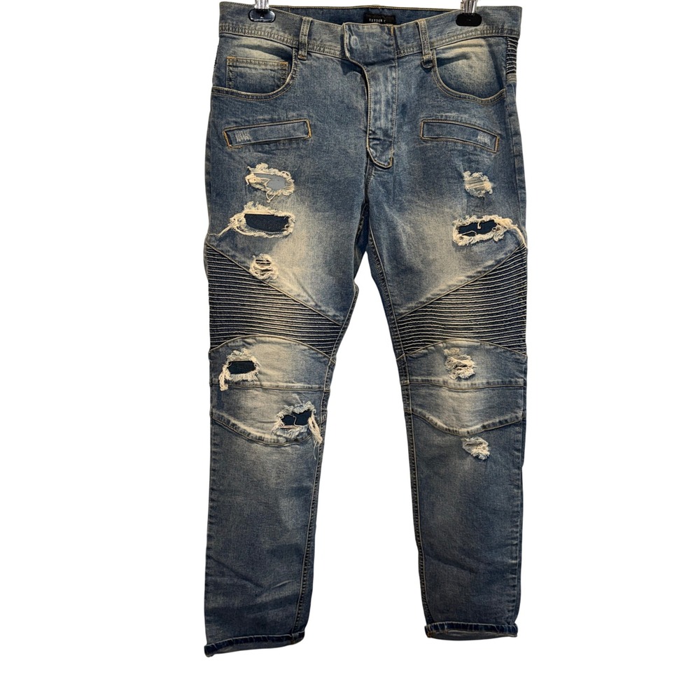 Kayden K Moto Biker Jeans Mens 34x32 Blue Distressed Ribbed Skinny Denim Pants